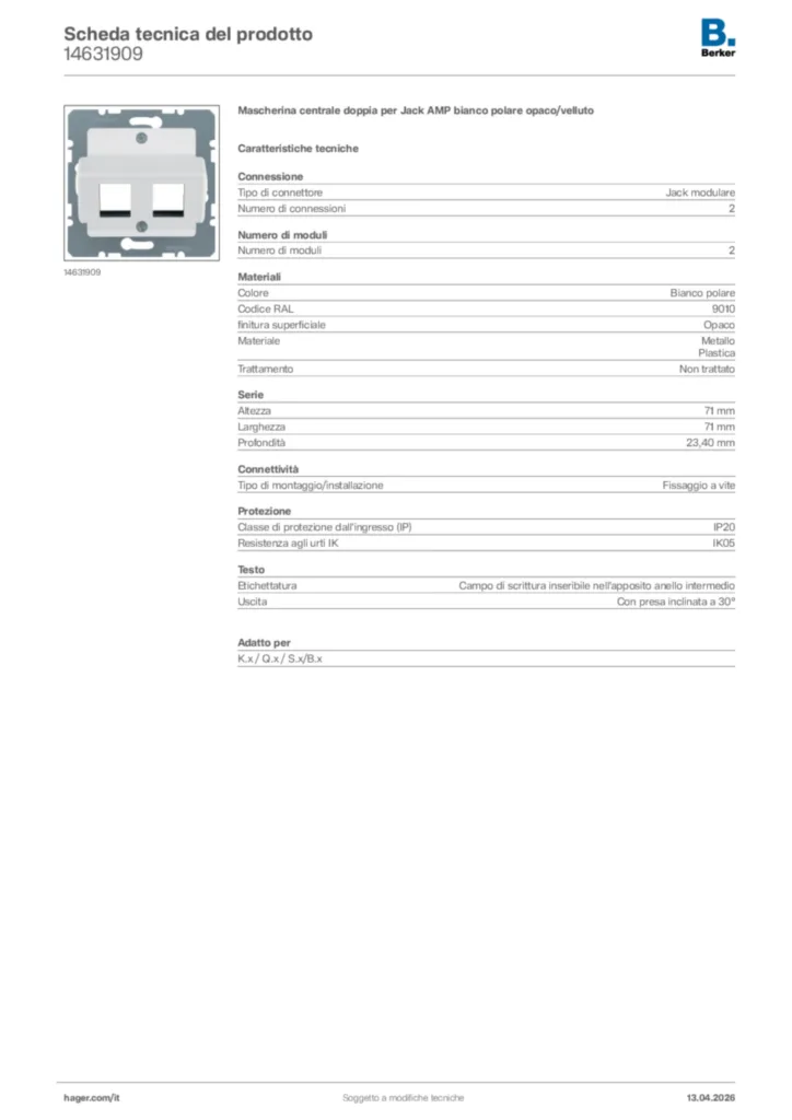 Immagine Berker Scheda tecnica del prodotto 14631909 | Hager Italia