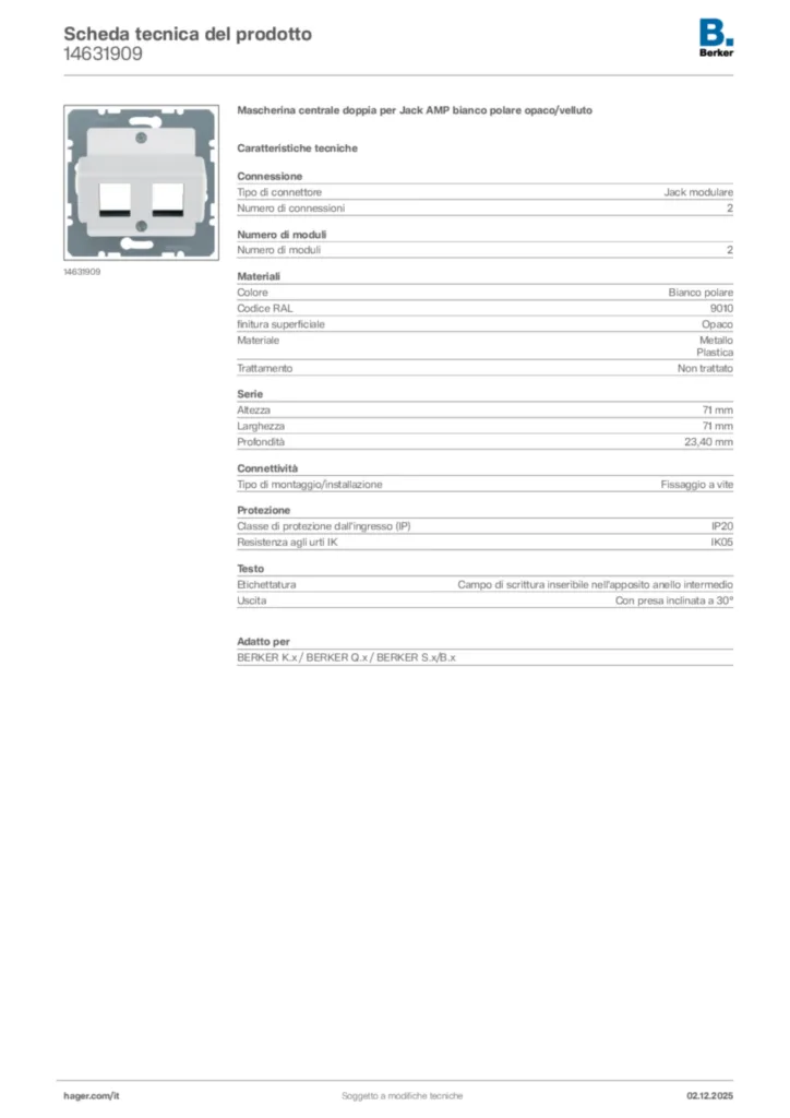 Immagine Berker Scheda tecnica del prodotto 14631909 | Hager Italia