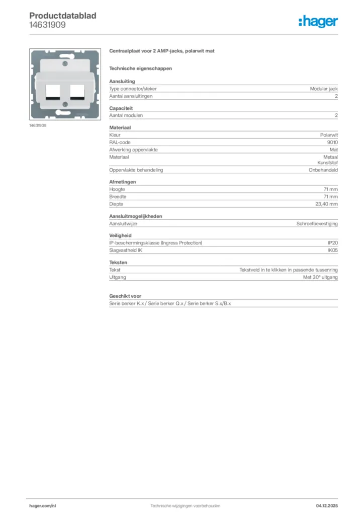 Afbeelding Hager Productdatablad 14631909 | Hager Nederland
