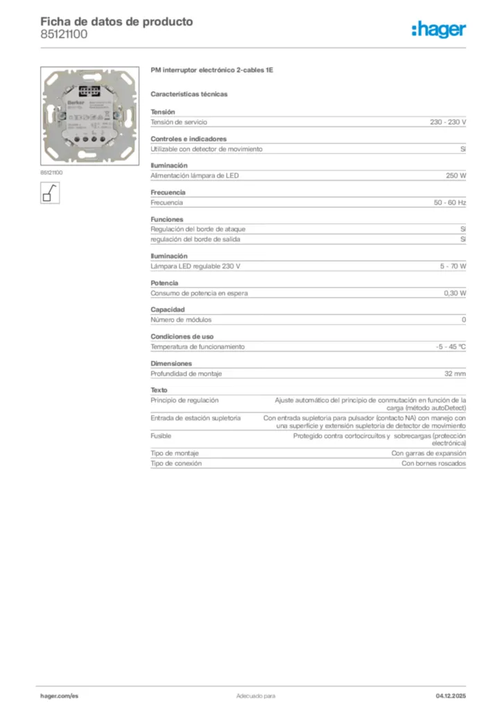 Imagen Hager Ficha de datos de producto 85121100 | Hager España