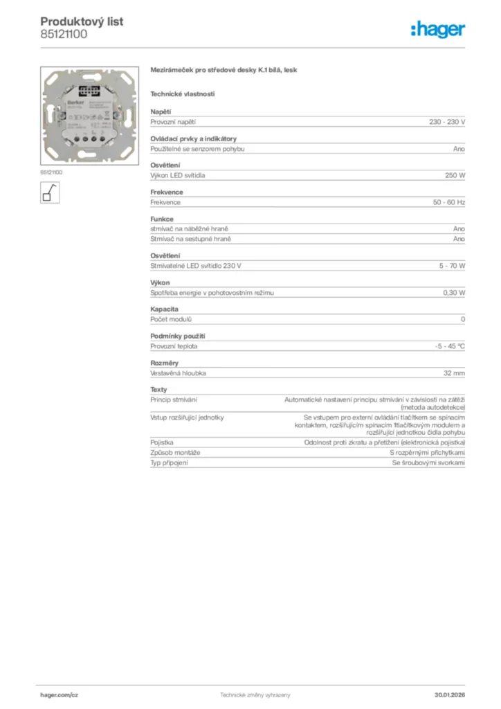 Obrázek Hager Product data sheet 85121100 | Hager