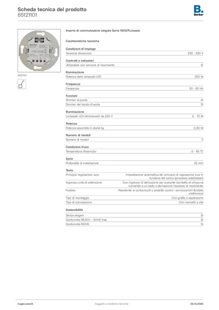 Immagine Berker Scheda tecnica del prodotto 85121101 | Hager Italia