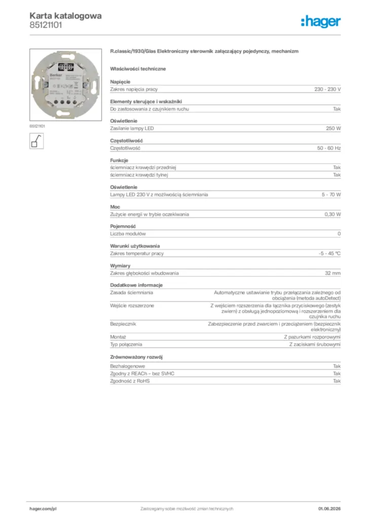 Zdjęcie Hager Karta katalogowa 85121101 | Hager Polska