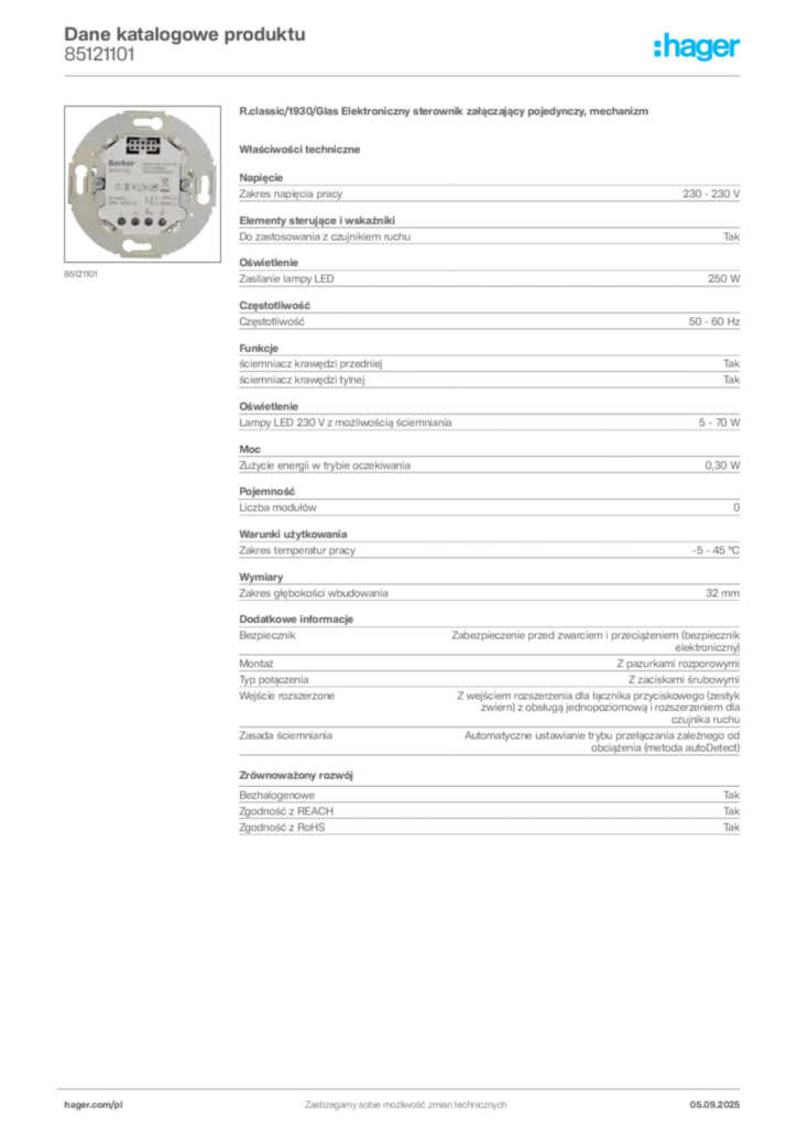 Zdjęcie Hager Dane katalogowe produktu 85121101 | Hager Polska