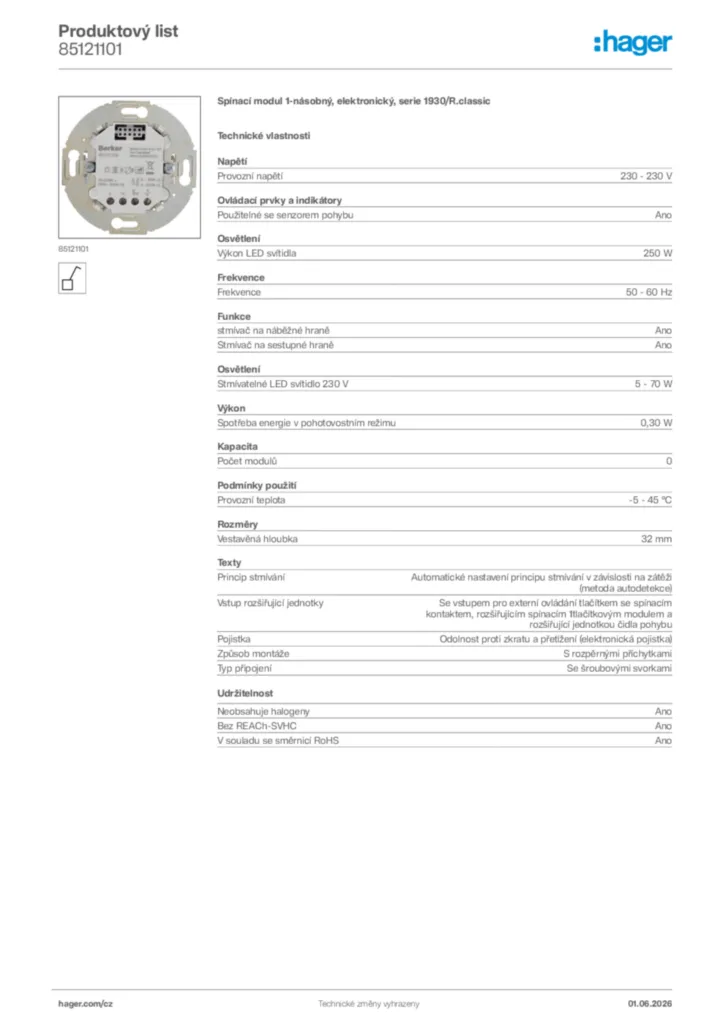 Obrázek Hager Generováno - Datový list produktu 85121101 | Hager