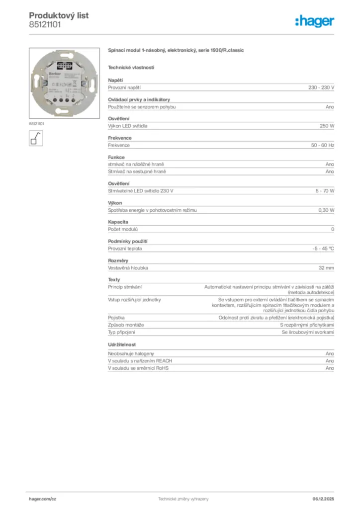 Obrázek Hager Product data sheet 85121101 | Hager