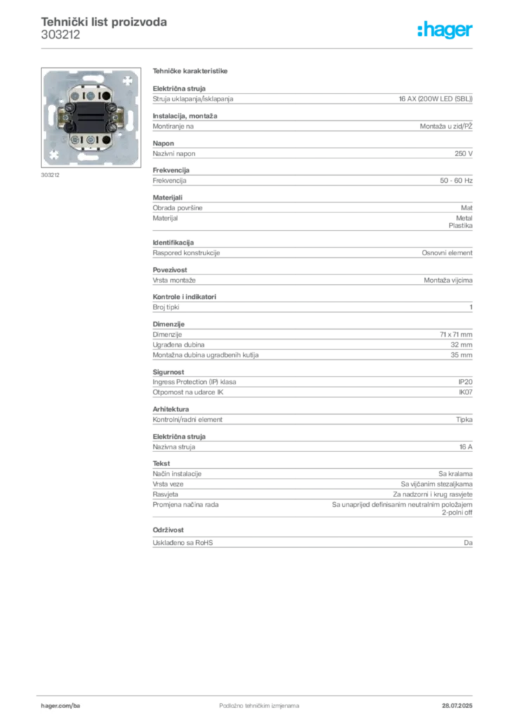 Slika Hager Product data sheet 303212  | Hager