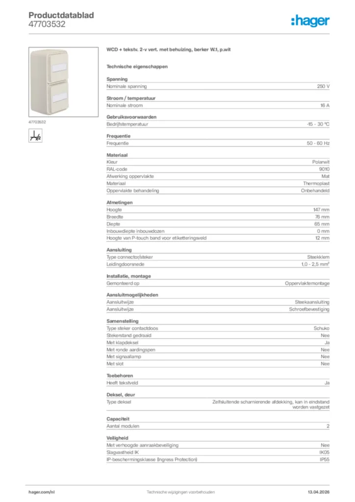 Afbeelding Hager Productdatablad 47703532 | Hager Nederland