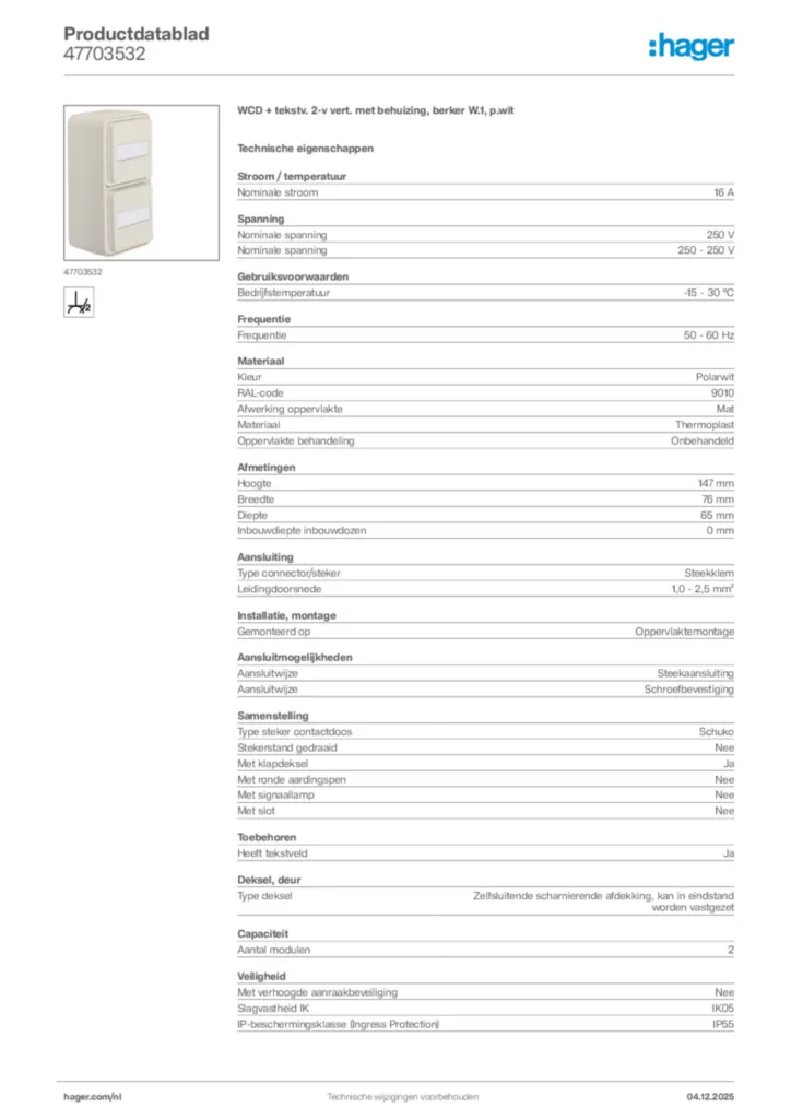 Afbeelding Hager Productdatablad 47703532 | Hager Nederland