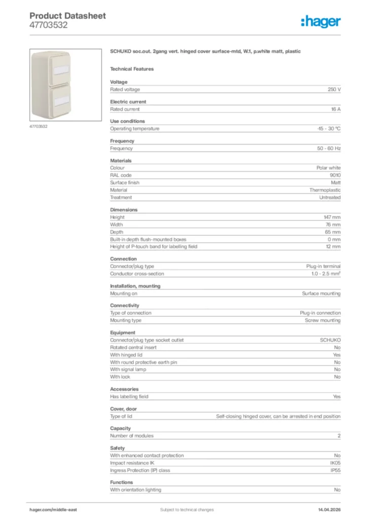 Image Hager Product data sheet 47703532  | Hager