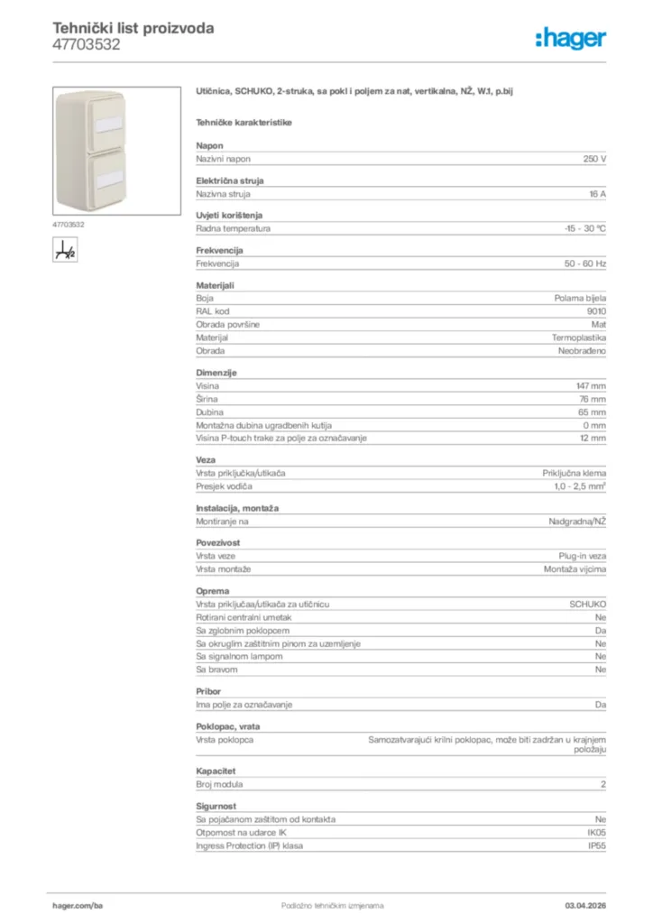 Slika Hager Tehnički list proizvoda 47703532  | Hager