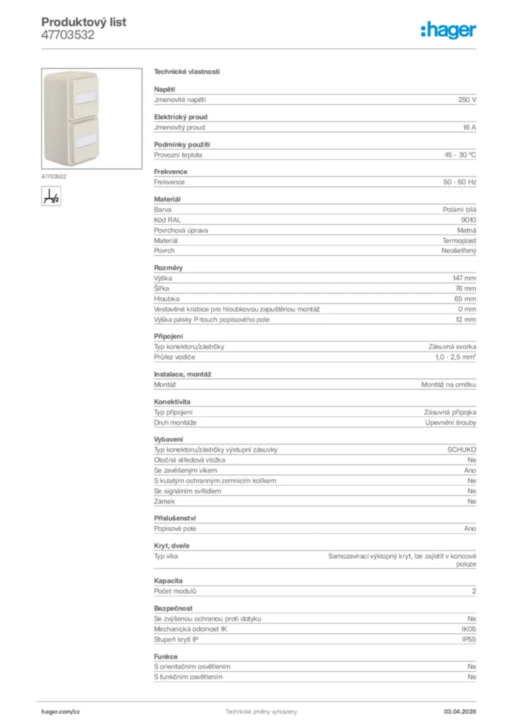 Obrázek Hager Product data sheet 47703532 | Hager