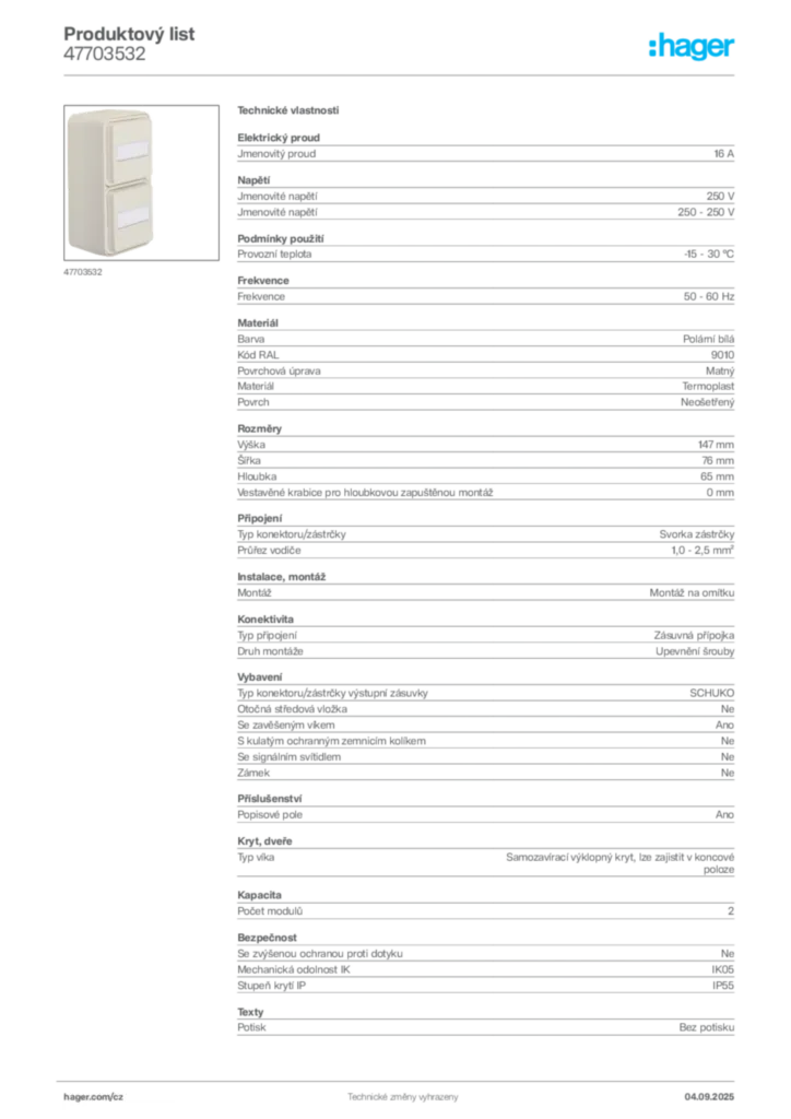 Obrázek Hager Produktový list 47703532 | Hager