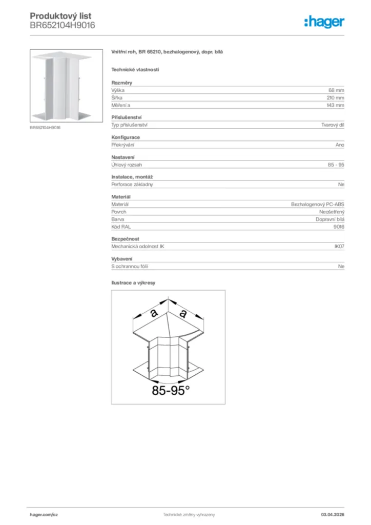 Obrázek Hager Product data sheet BR652104H9016 | Hager