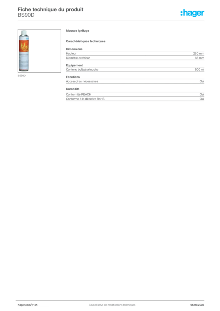 Image Hager Fiche technique du produit BS90D | Hager Suisse