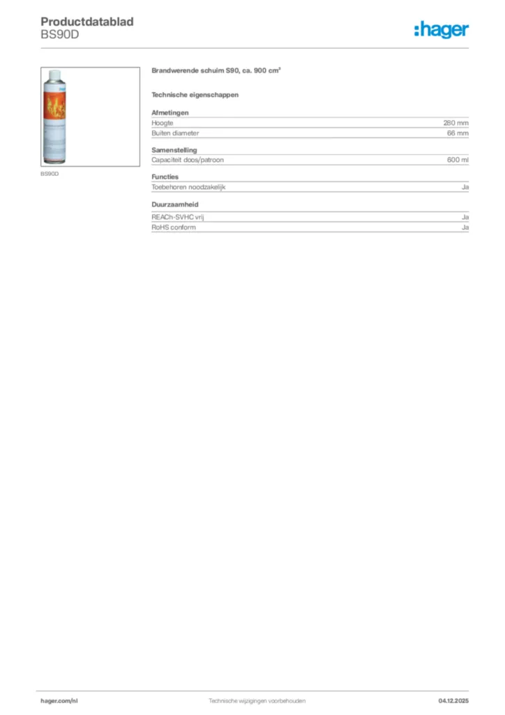 Afbeelding Hager Productdatablad BS90D | Hager Nederland