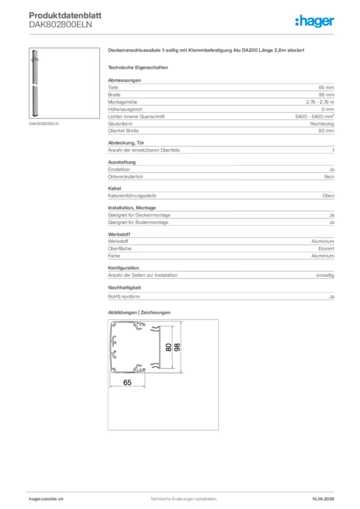 Bild Hager Produktdatenblatt DAK802800ELN | Hager Schweiz