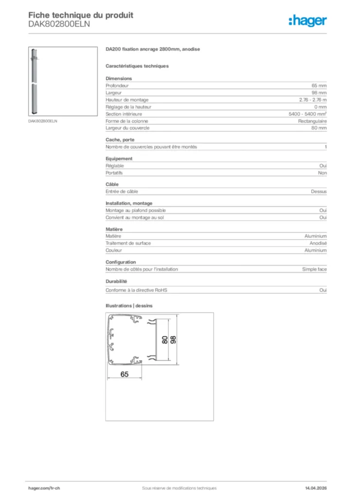 Image Hager Fiche technique du produit DAK802800ELN | Hager Suisse