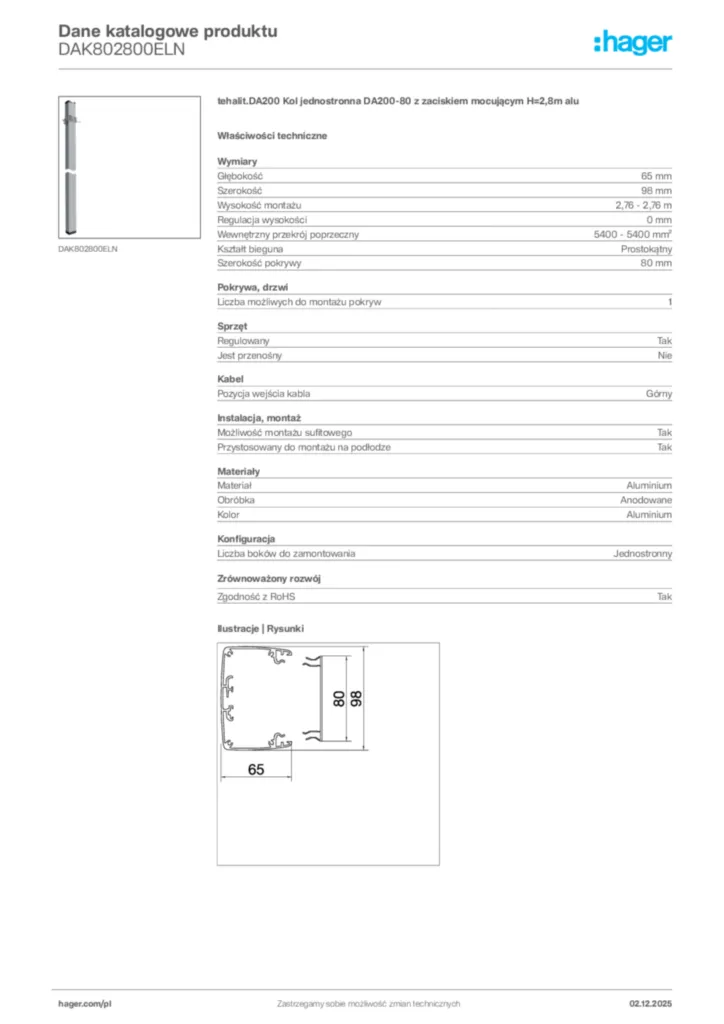 Zdjęcie Hager Dane katalogowe produktu DAK802800ELN | Hager Polska
