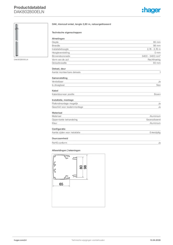 Afbeelding Hager Productdatablad DAK802800ELN | Hager Nederland