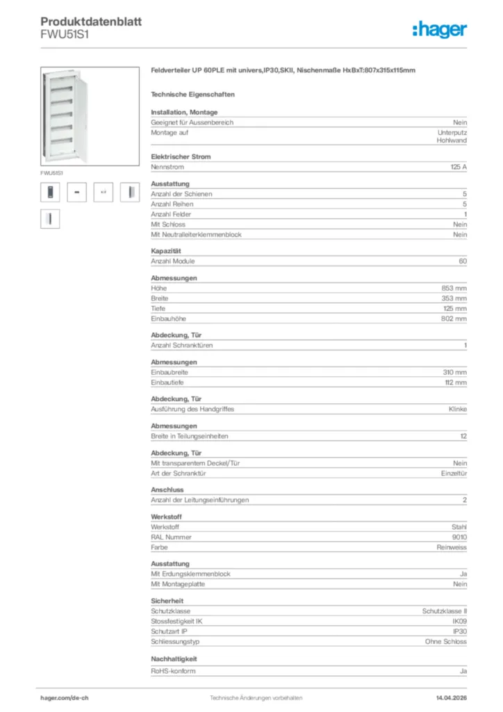 Bild Hager Produktdatenblatt FWU51S1 | Hager Schweiz