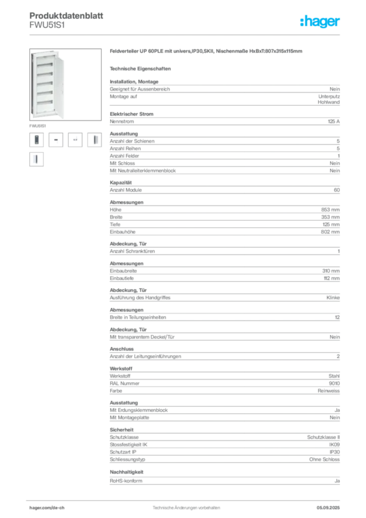 Bild Hager Produktdatenblatt FWU51S1 | Hager Schweiz