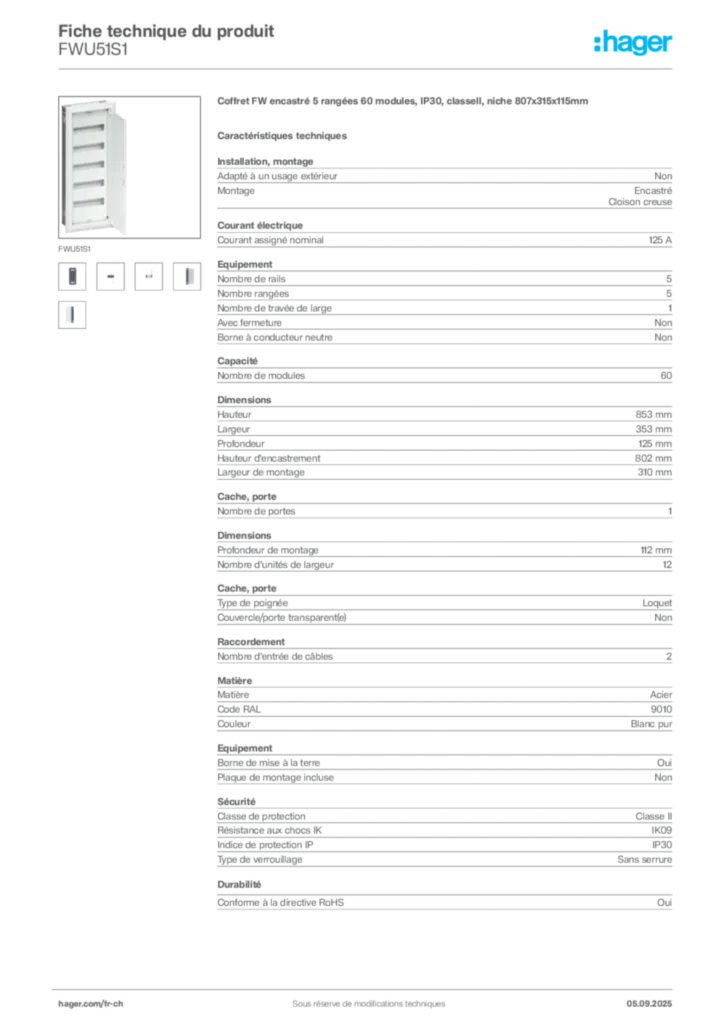 Image Hager Fiche technique du produit FWU51S1 | Hager Suisse