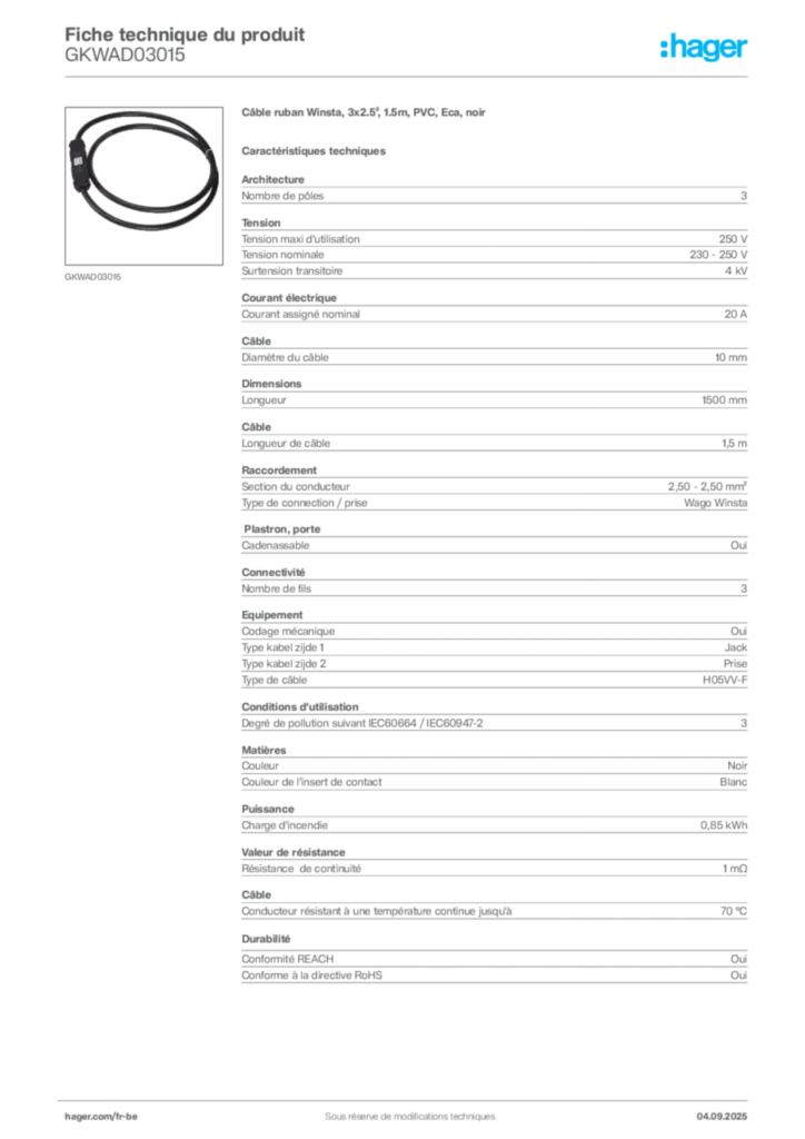 Image Hager Fiche technique du produit GKWAD03015 | Hager Belgique