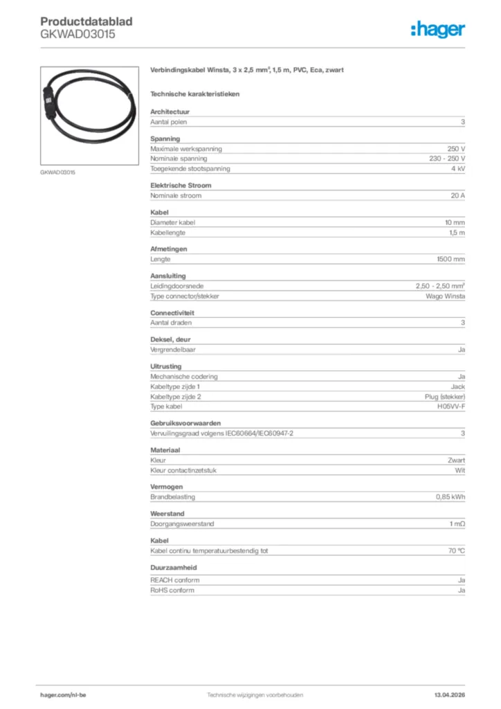 Afbeelding Hager Productdatablad GKWAD03015 | Hager Belgium