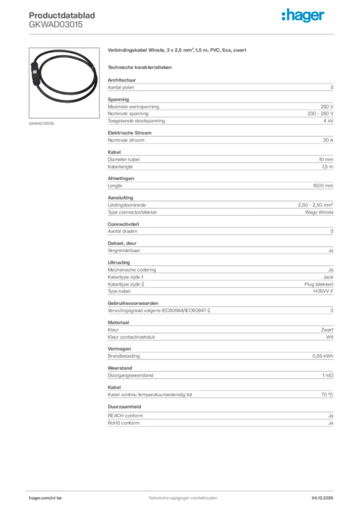 Afbeelding Hager Productdatablad GKWAD03015 | Hager Belgium