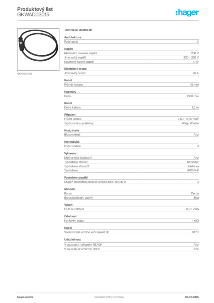 Obrázek Hager Produktový list GKWAD03015 | Hager