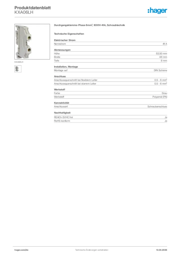 Bild Hager Produktdatenblatt KXA06LH | Hager Deutschland