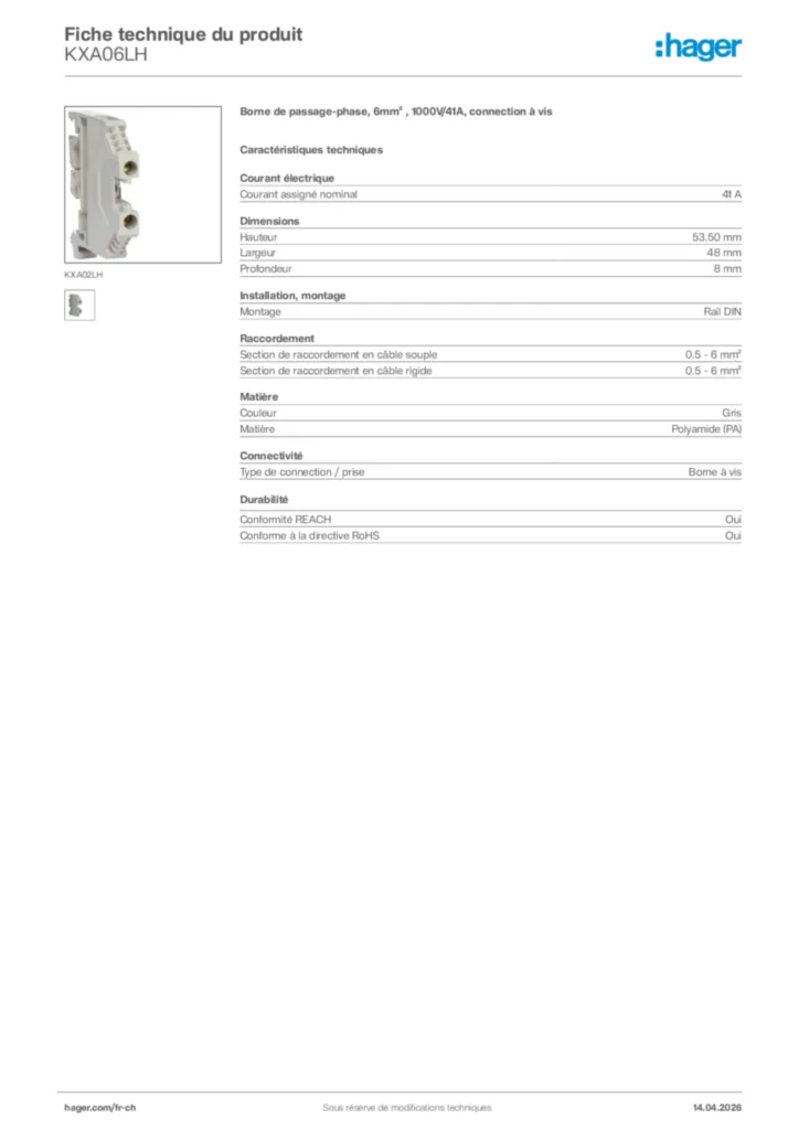 Image Hager Fiche technique du produit KXA06LH | Hager Suisse