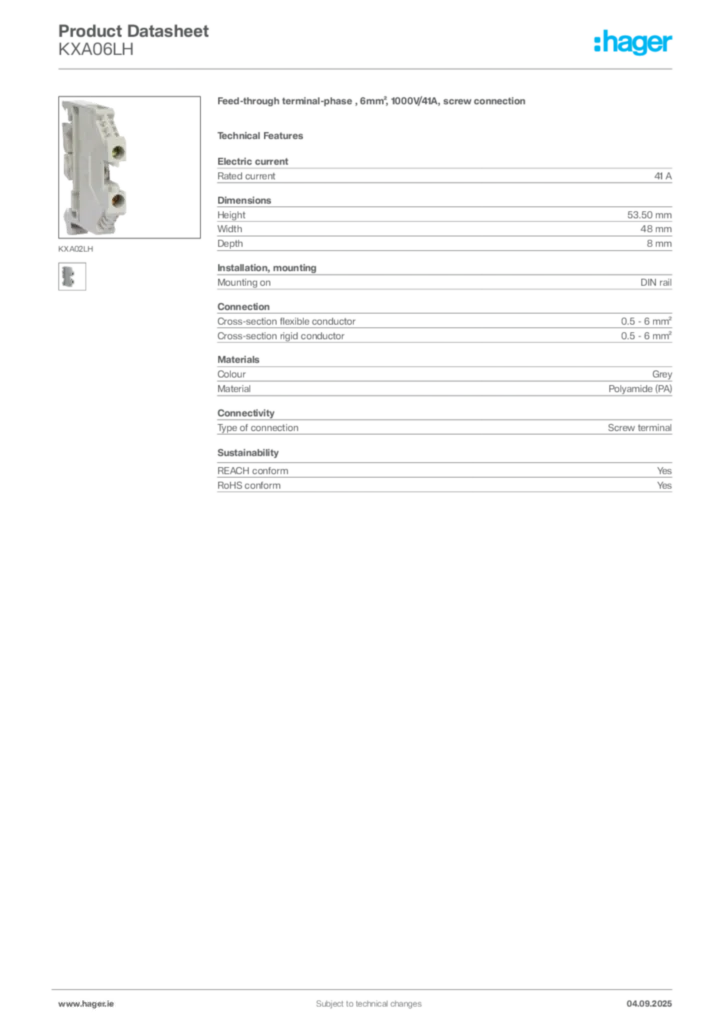 Image Hager Product data sheet KXA06LH  | Hager
