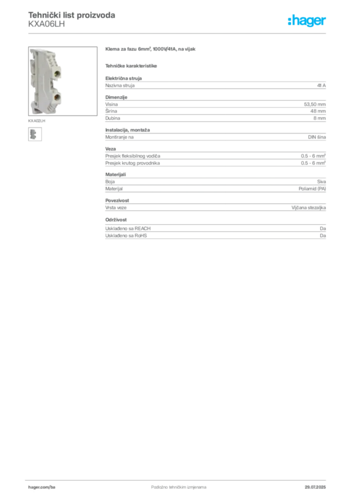 Slika Hager Product data sheet KXA06LH  | Hager