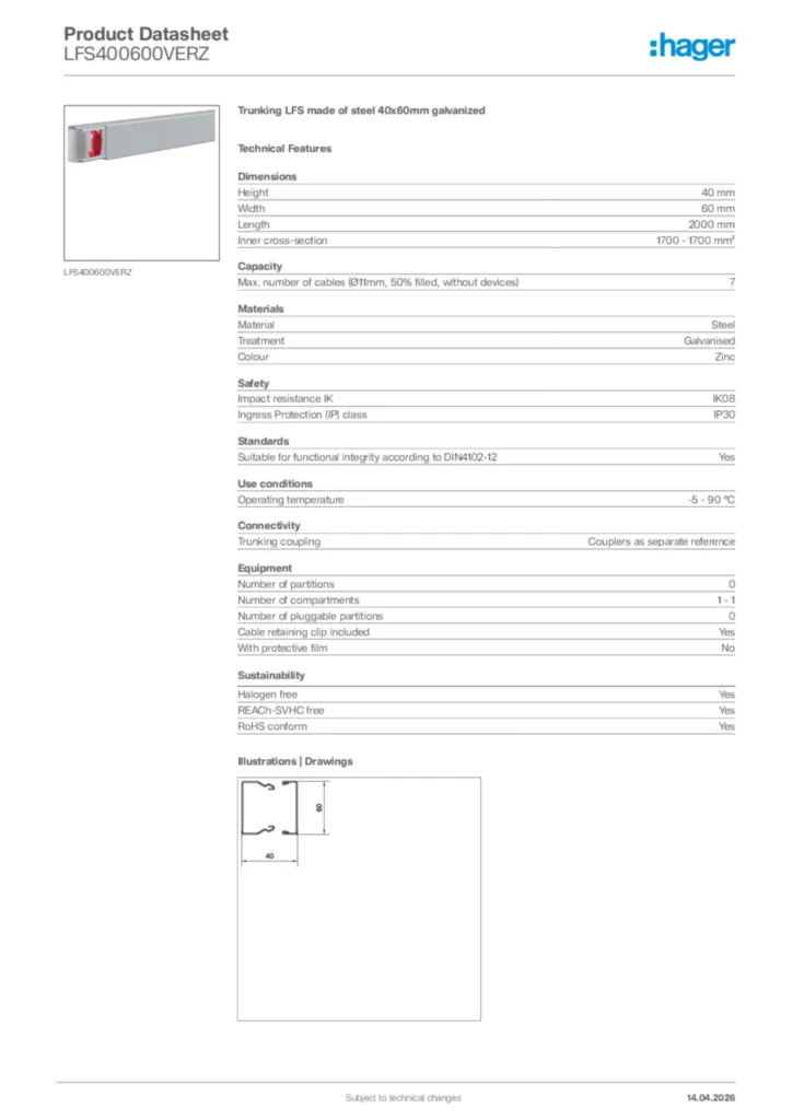 Image Hager Product data sheet LFS400600VERZ  | Hager Africa