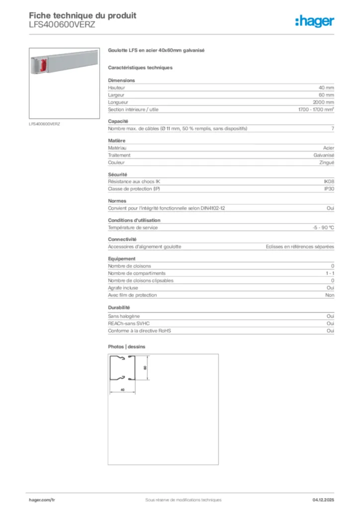Image Hager Fiche technique du produit LFS400600VERZ | Hager France