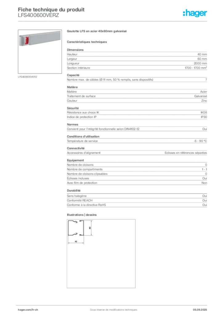 Image Hager Fiche technique du produit LFS400600VERZ | Hager Suisse