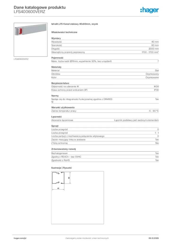 Zdjęcie Hager Dane katalogowe produktu LFS400600VERZ | Hager Polska