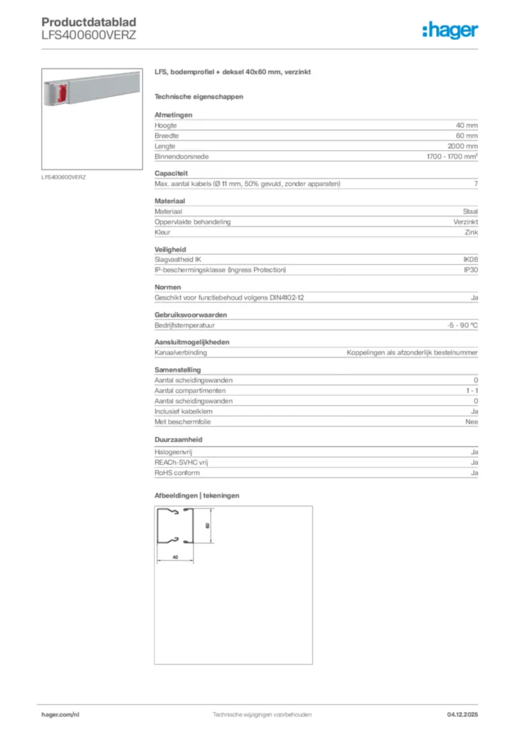 Afbeelding Hager Productdatablad LFS400600VERZ | Hager Nederland