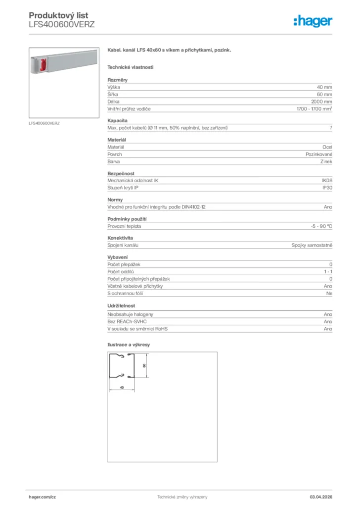 Obrázek Hager Product data sheet LFS400600VERZ | Hager