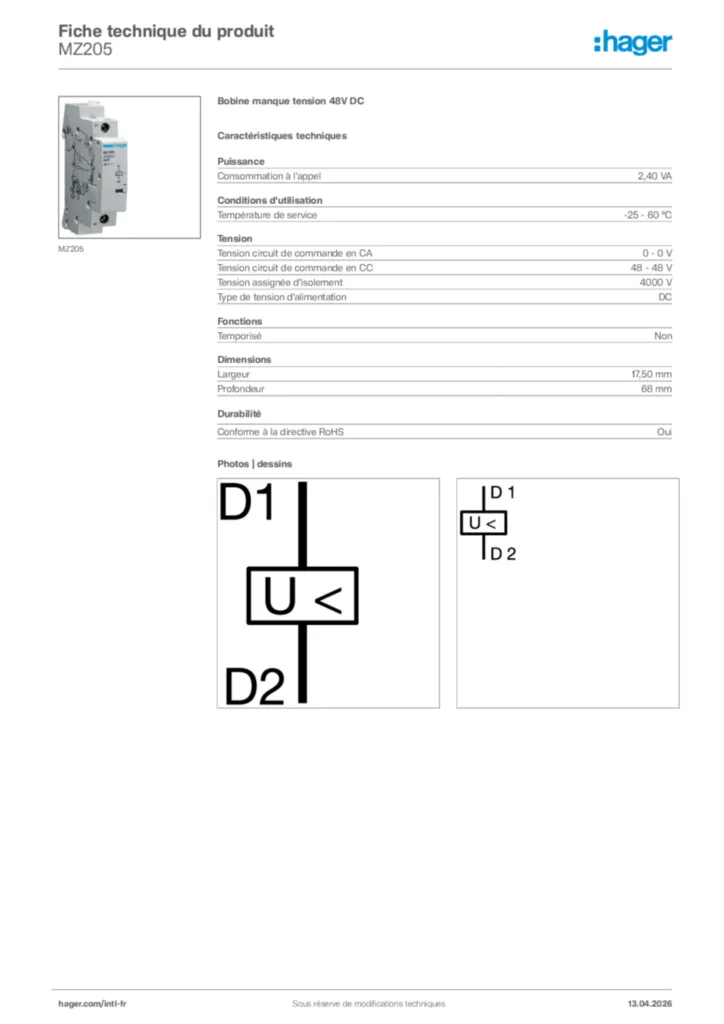 Image Hager Fiche technique du produit MZ205 | Hager Afrique