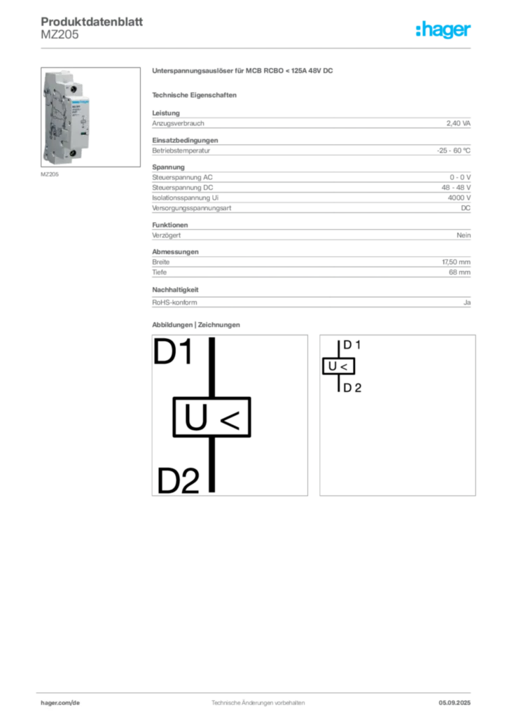 Bild Hager Produktdatenblatt MZ205 | Hager Deutschland