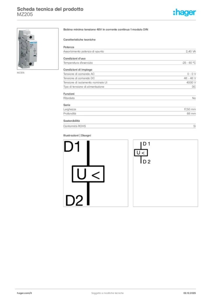 Immagine Hager Scheda tecnica del prodotto MZ205 | Hager Italia
