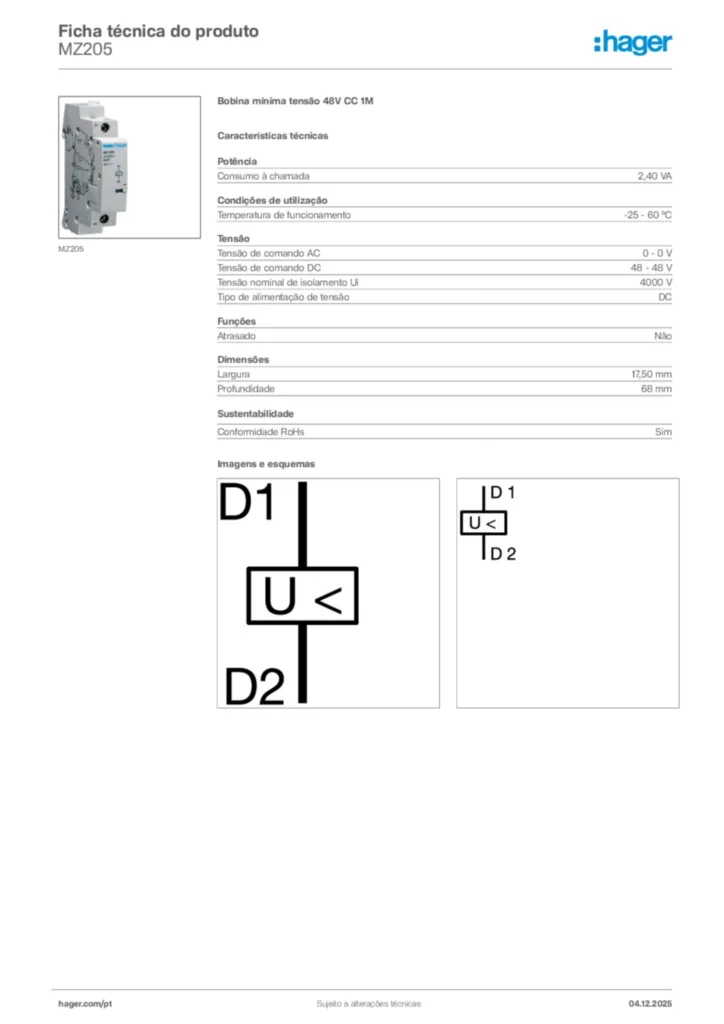 Imagem Hager Ficha técnica do produto MZ205 | Hager Portugal