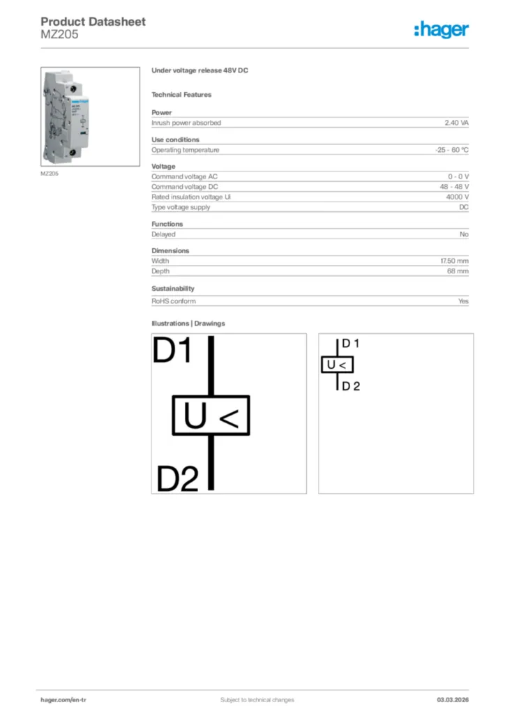 Image Hager Product data sheet MZ205  | Hager