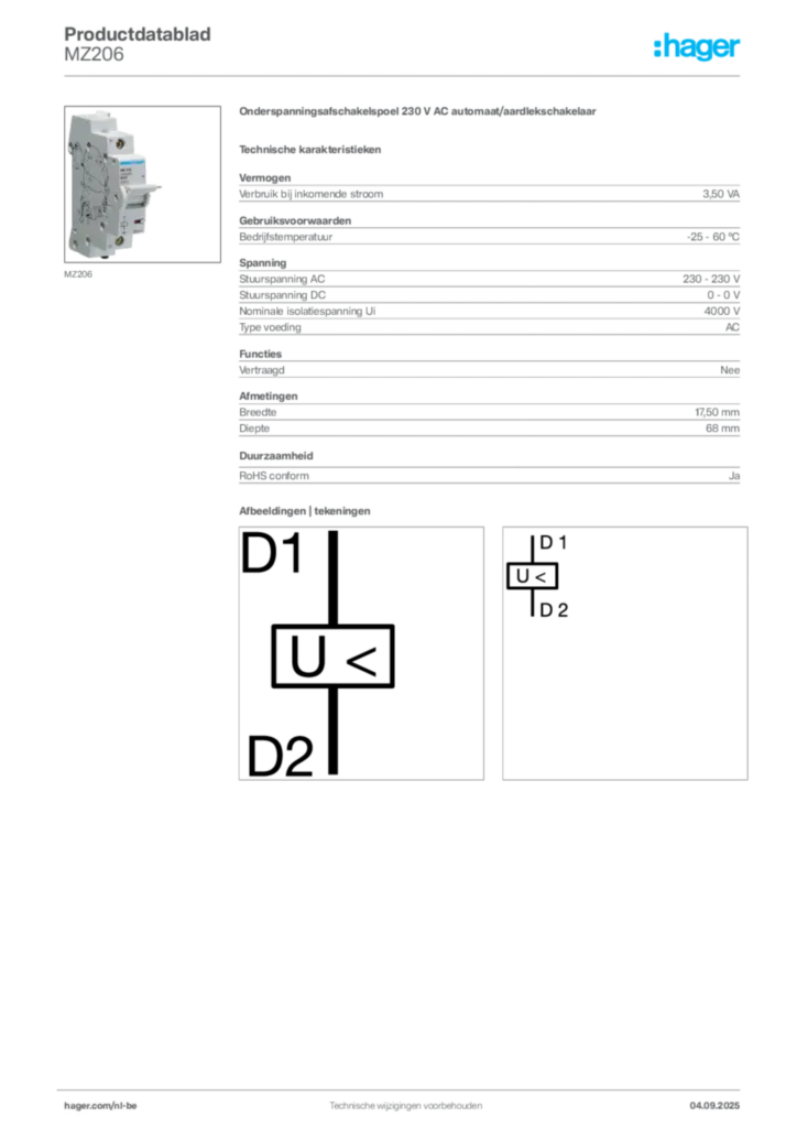 Afbeelding Hager Productdatablad MZ206 | Hager Belgium