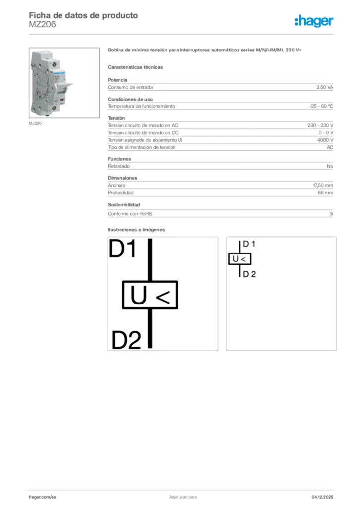 Imagen Hager Ficha de datos de producto MZ206 | Hager España