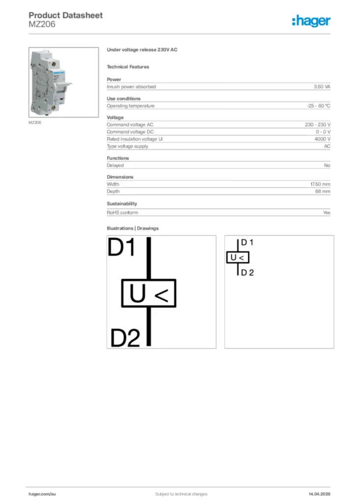 Image Hager Product data sheet MZ206  | Hager Australia