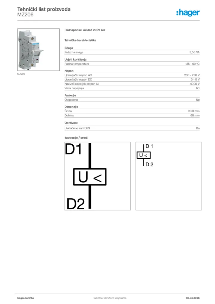Slika Hager Tehnički list proizvoda MZ206  | Hager